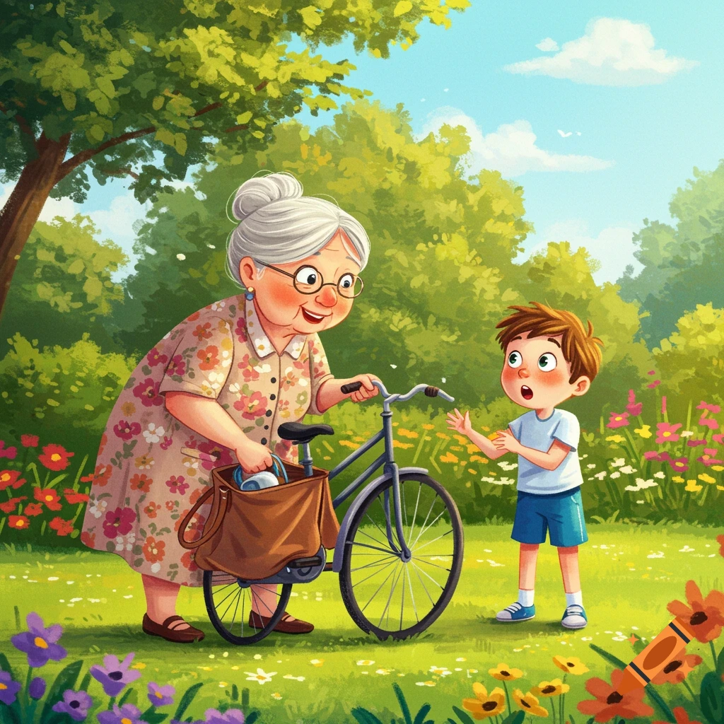 Grandmother and grandson with a bicycle in a sunny garden, in a children's book illustration style.