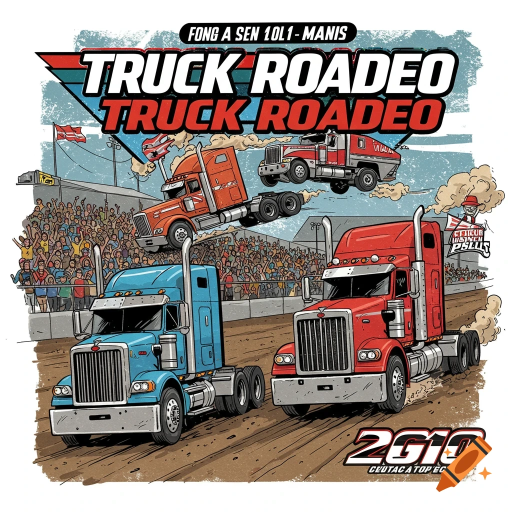 A vector illustration of a truck roadeo event with multiple trucks, a crowd, and a dirt track.