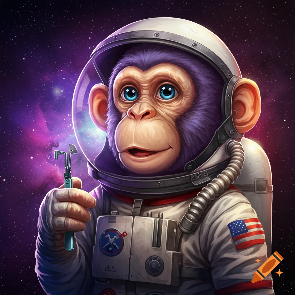 A monkey in a space suit holding a tool in space.