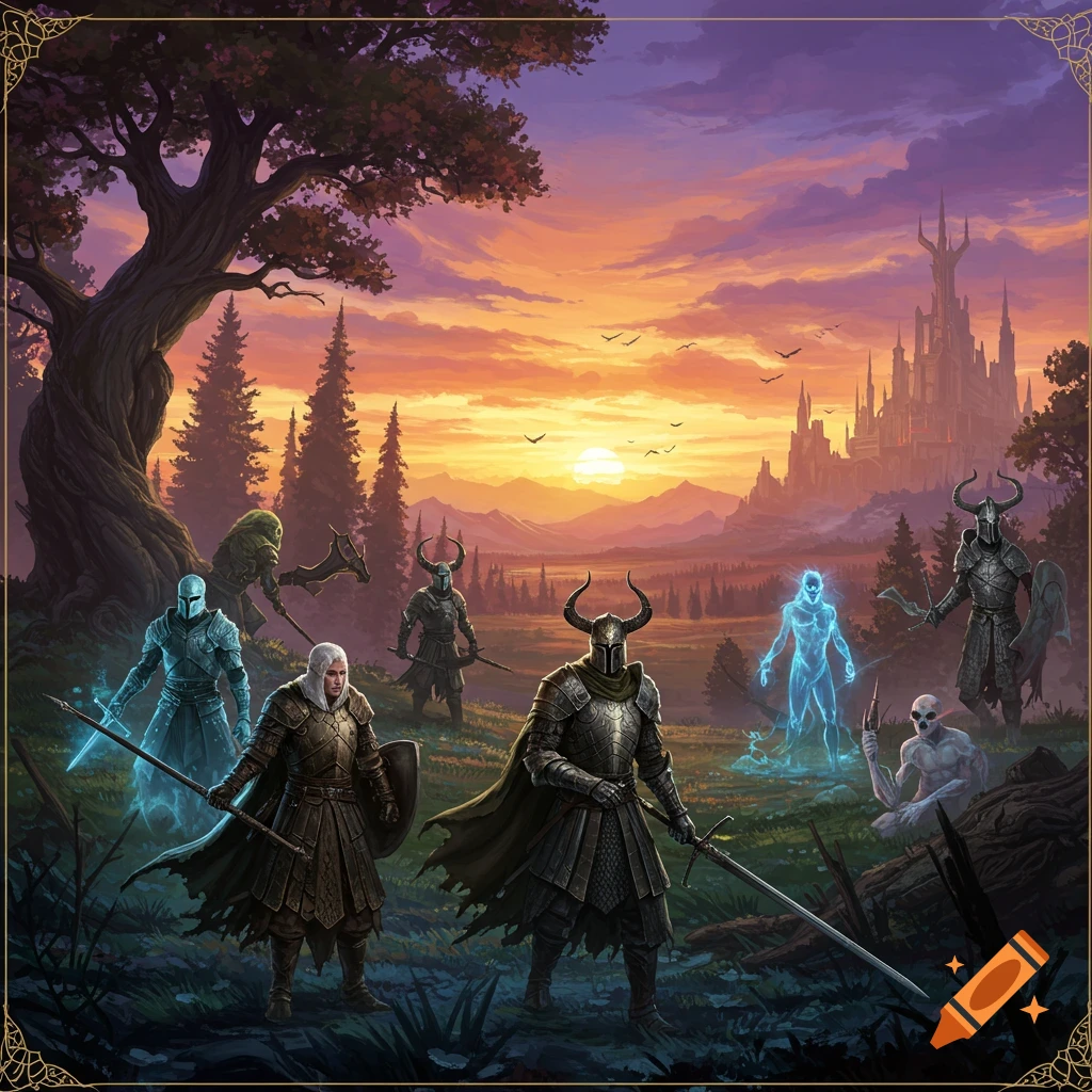 Fantasy warriors and creatures in a landscape with a castle at sunset.