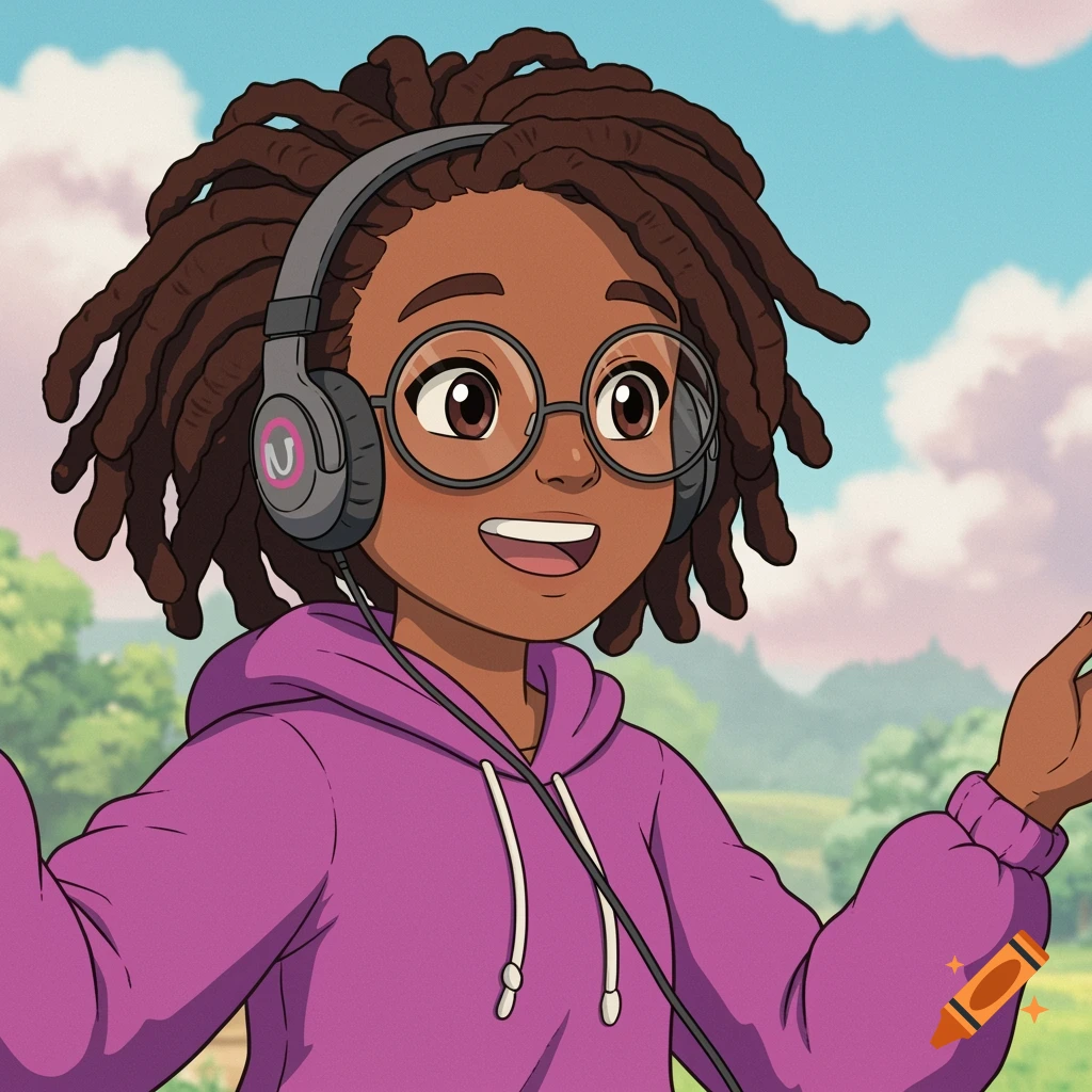 Animated portrait of a girl with dreadlocks, glasses, headphones, and purple hoodie smiling in a landscape.