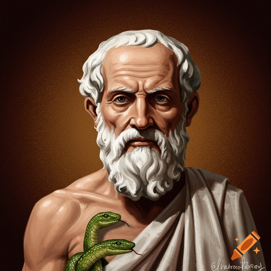 An old man with a white beard and toga, with green snakes coiled around his chest.