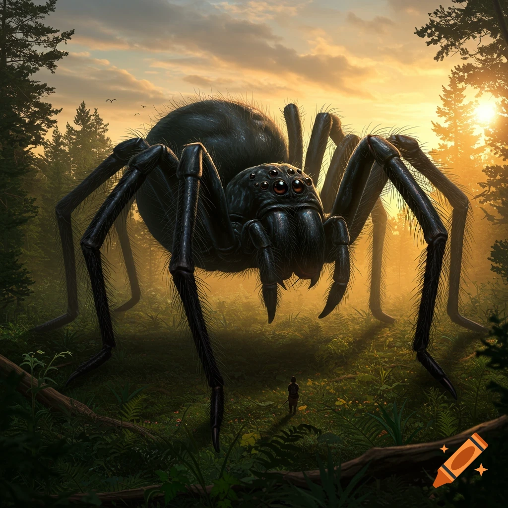 A giant spider looms over a tiny human in a forest at sunset.