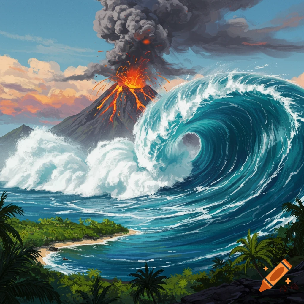 Volcanic eruption on a tropical island with a huge tsunami wave in the foreground.