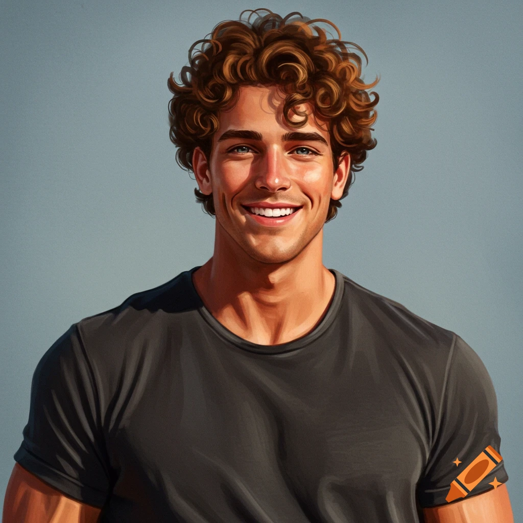 A smiling young man with curly brown hair is wearing a dark t-shirt.