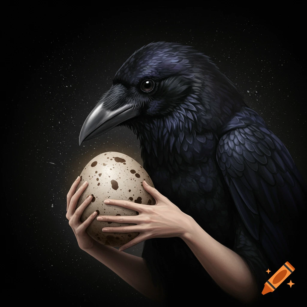 A large black crow with human-like hands holds a speckled egg.