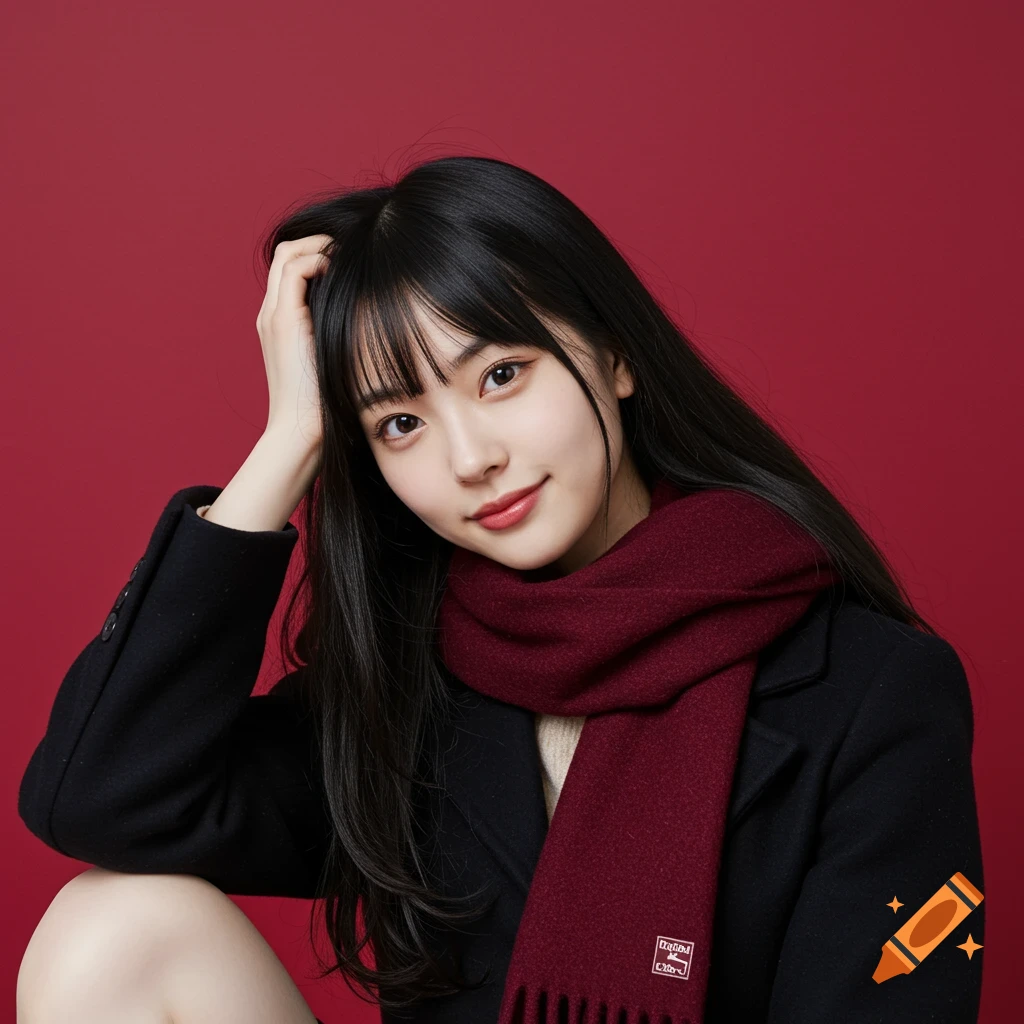 A young woman with long black hair, wearing a maroon scarf and black coat, sits against a red background, smiling. Studio photo.