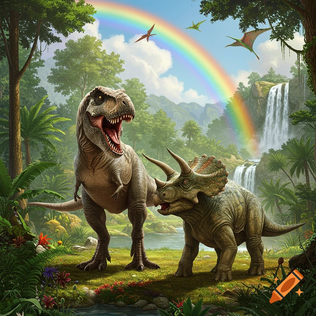 A T-Rex and Triceratops in a prehistoric jungle with a rainbow and waterfalls.