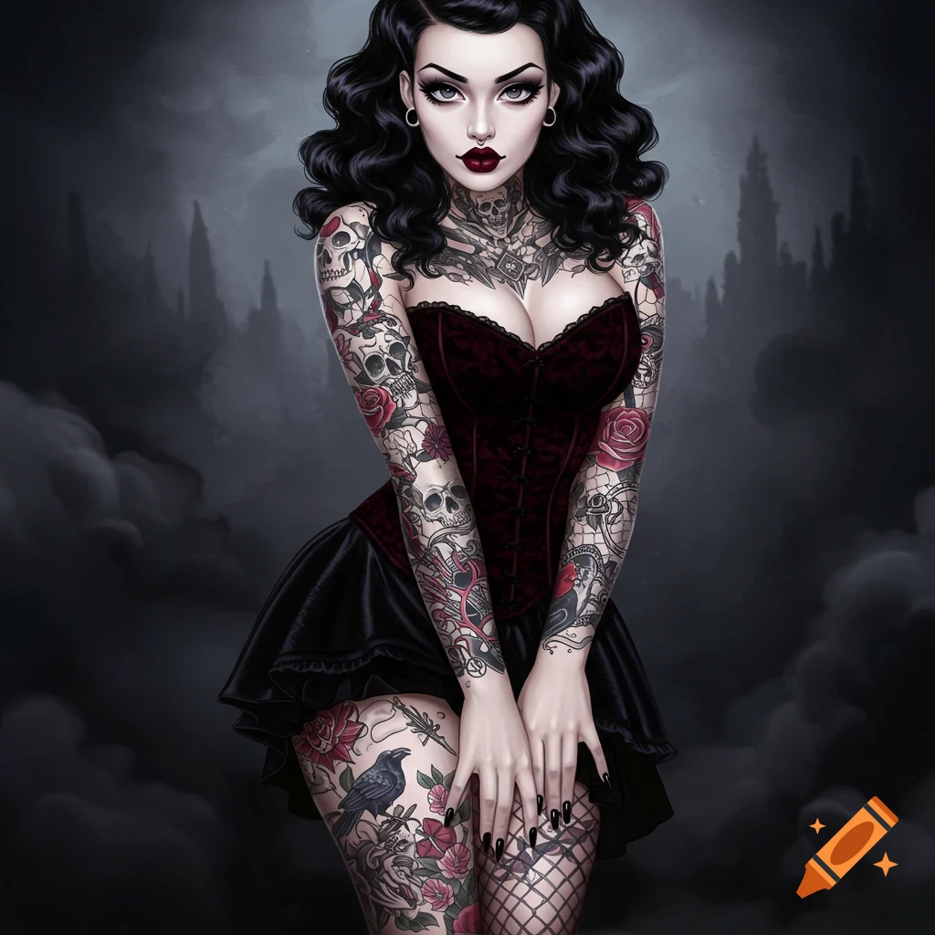 A pinup girl with intricate tattoos is wearing a dark dress and fishnet stockings.