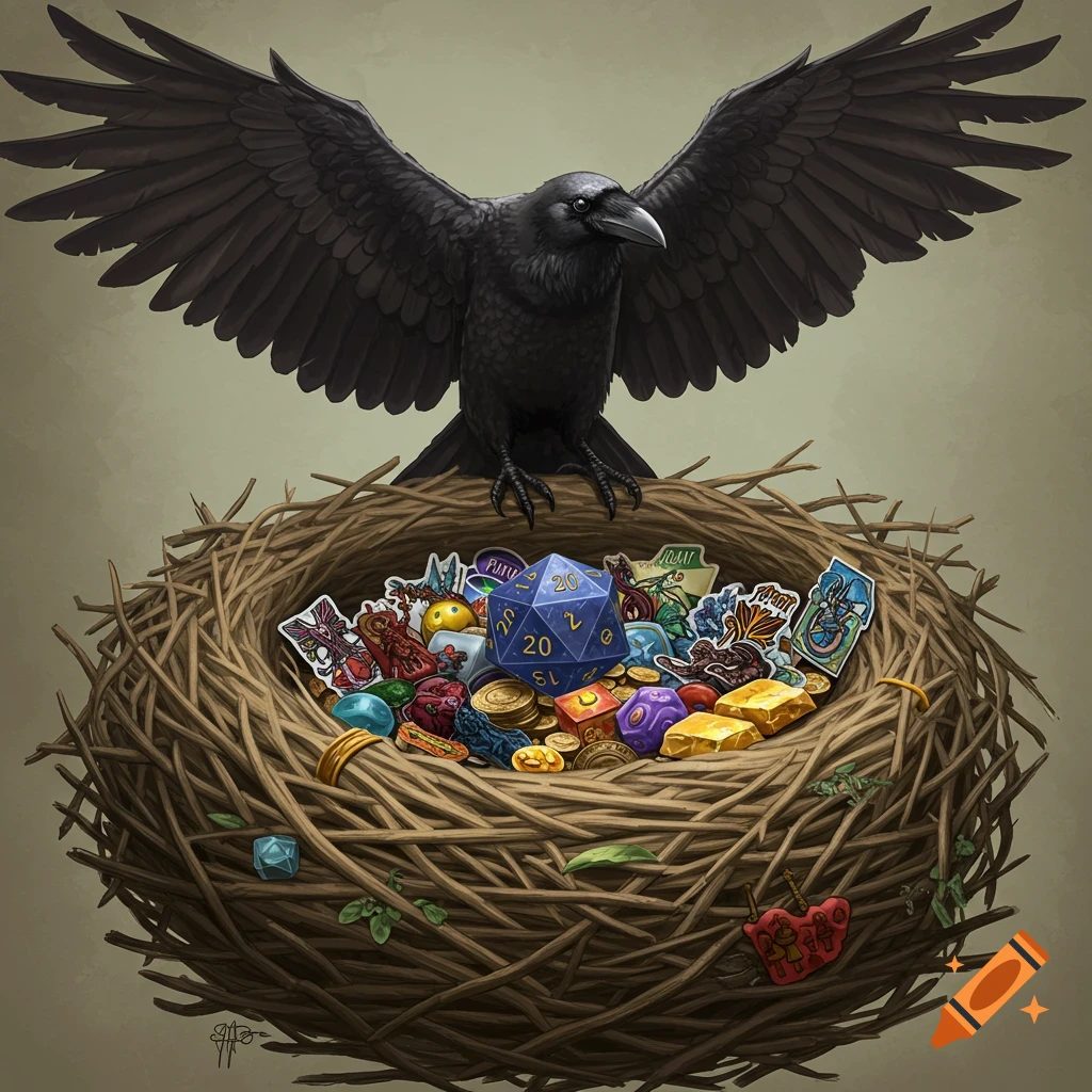 A raven perched on a nest filled with tabletop game treasures including a large blue 20-sided die, coins, gems, and stickers.