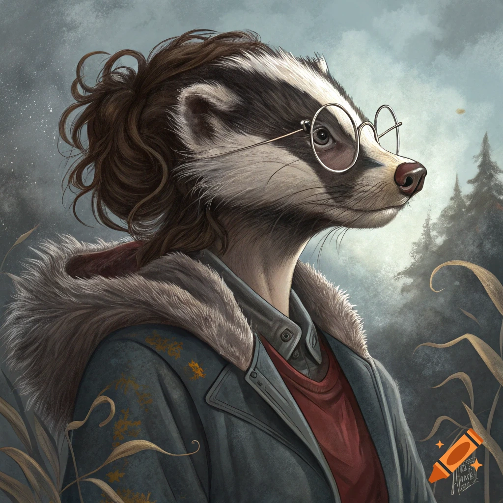 An anthropomorphic badger wearing glasses and a jacket in a forest.