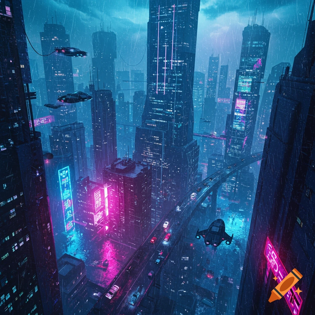 A futuristic cyberpunk city in the rain with flying vehicles.