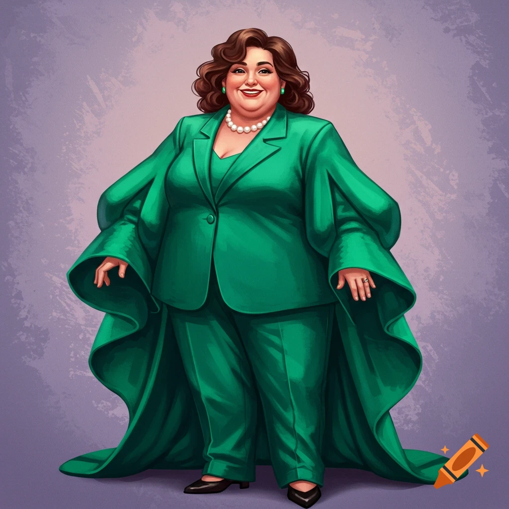 Painting of a stocky middle-aged woman in a green suit with flowing sleeves.
