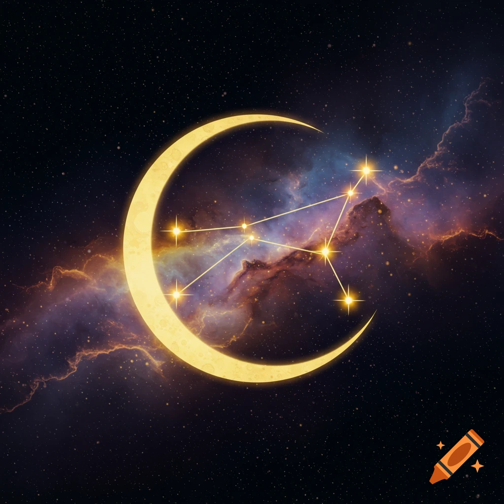 A glowing crescent moon with a constellation over it against a starry space background with a colorful nebula.