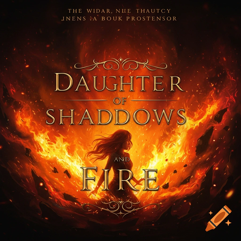 Book cover with title Daughter of Shadows and Fire, featuring a woman surrounded by swirling fire and shadows.
