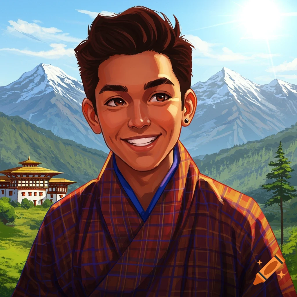 A young person in traditional Bhutanese clothing smiling with mountains and a building in the background.