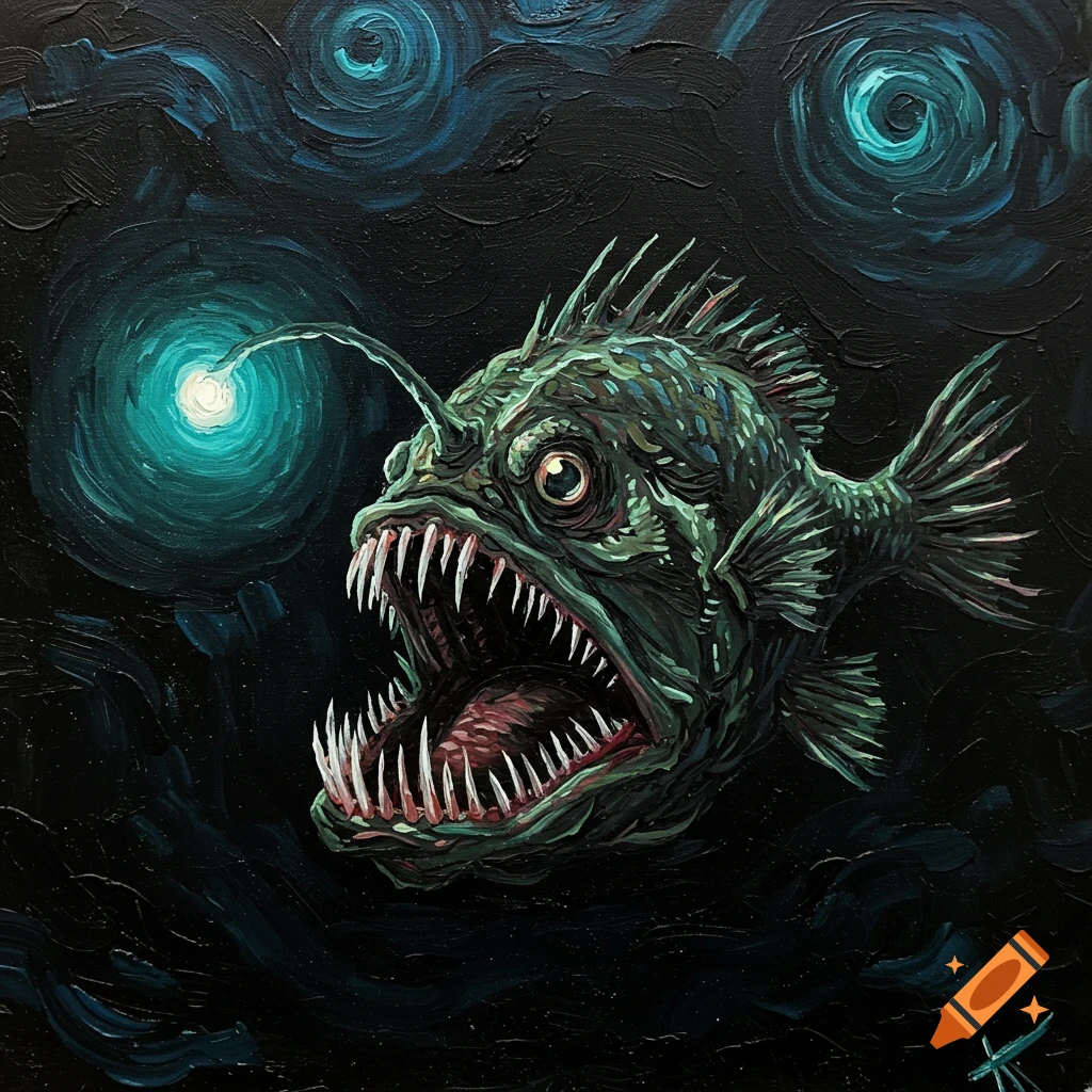 A painting of a scary angler fish with sharp teeth and a glowing lure in the dark deep sea, in the style of van Gogh.