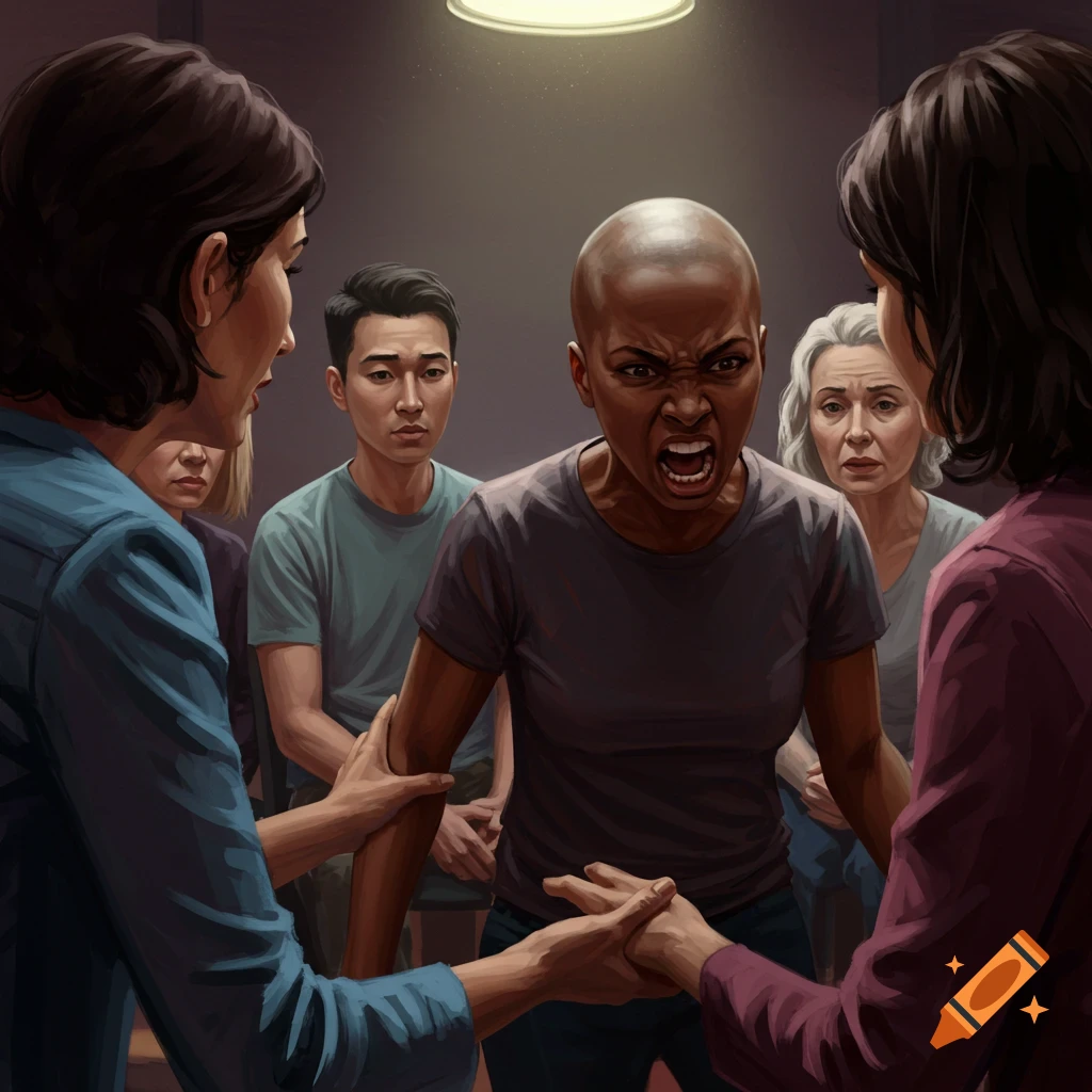 Painting of a bald woman yelling during group therapy