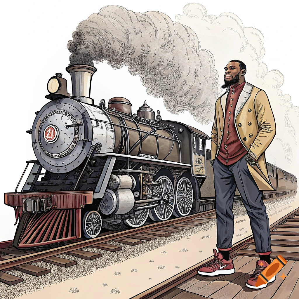Illustration of a man standing next to a steaming train