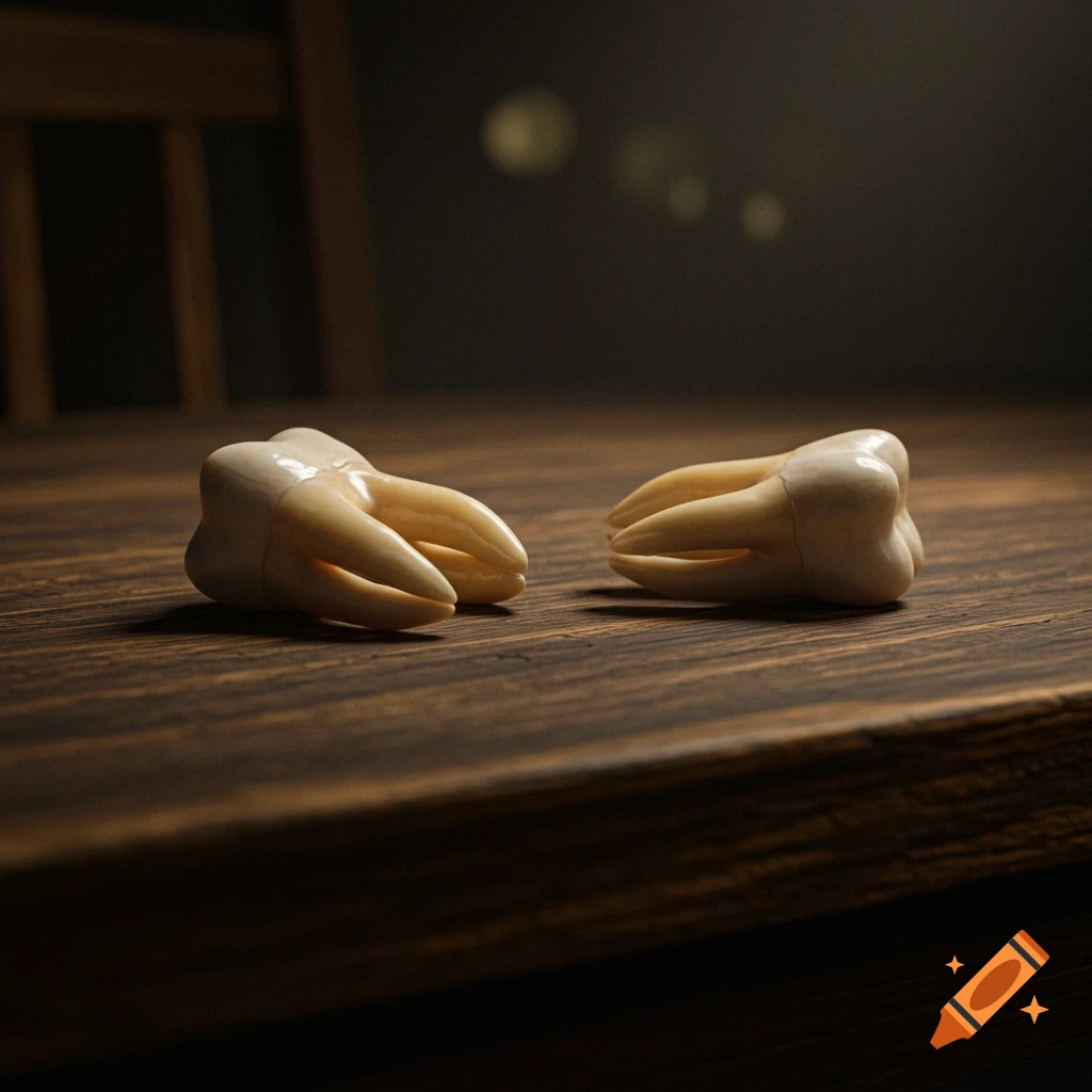 Two realistic human teeth on a wooden table
