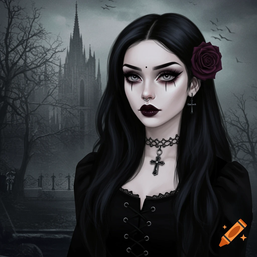 Goth girl with dark makeup and a rose in her hair, in front of a spooky church.