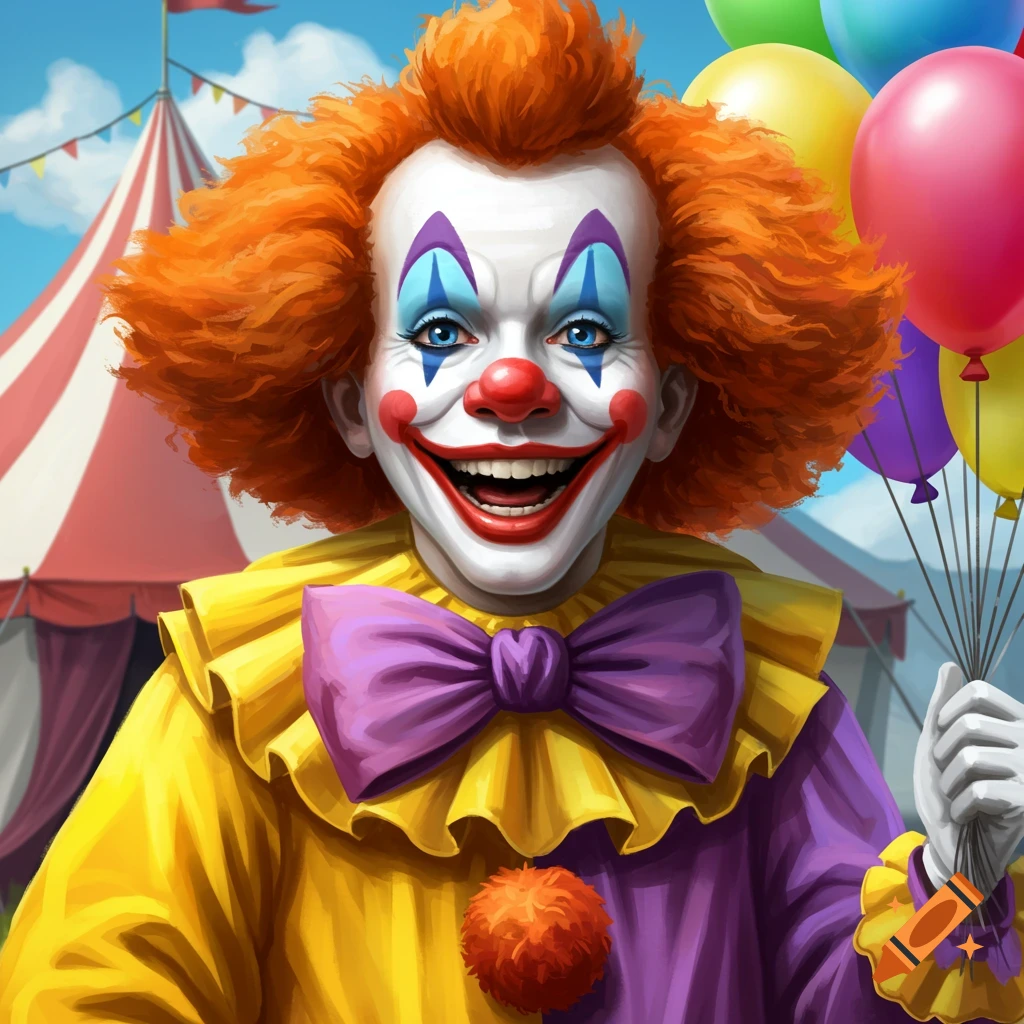 A cheerful clown holding balloons in front of a circus tent.