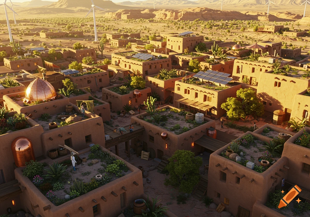 An aerial view of a solarpunk desert community with adobe buildings, rooftop gardens, solar panels, and wind turbines in the background.
