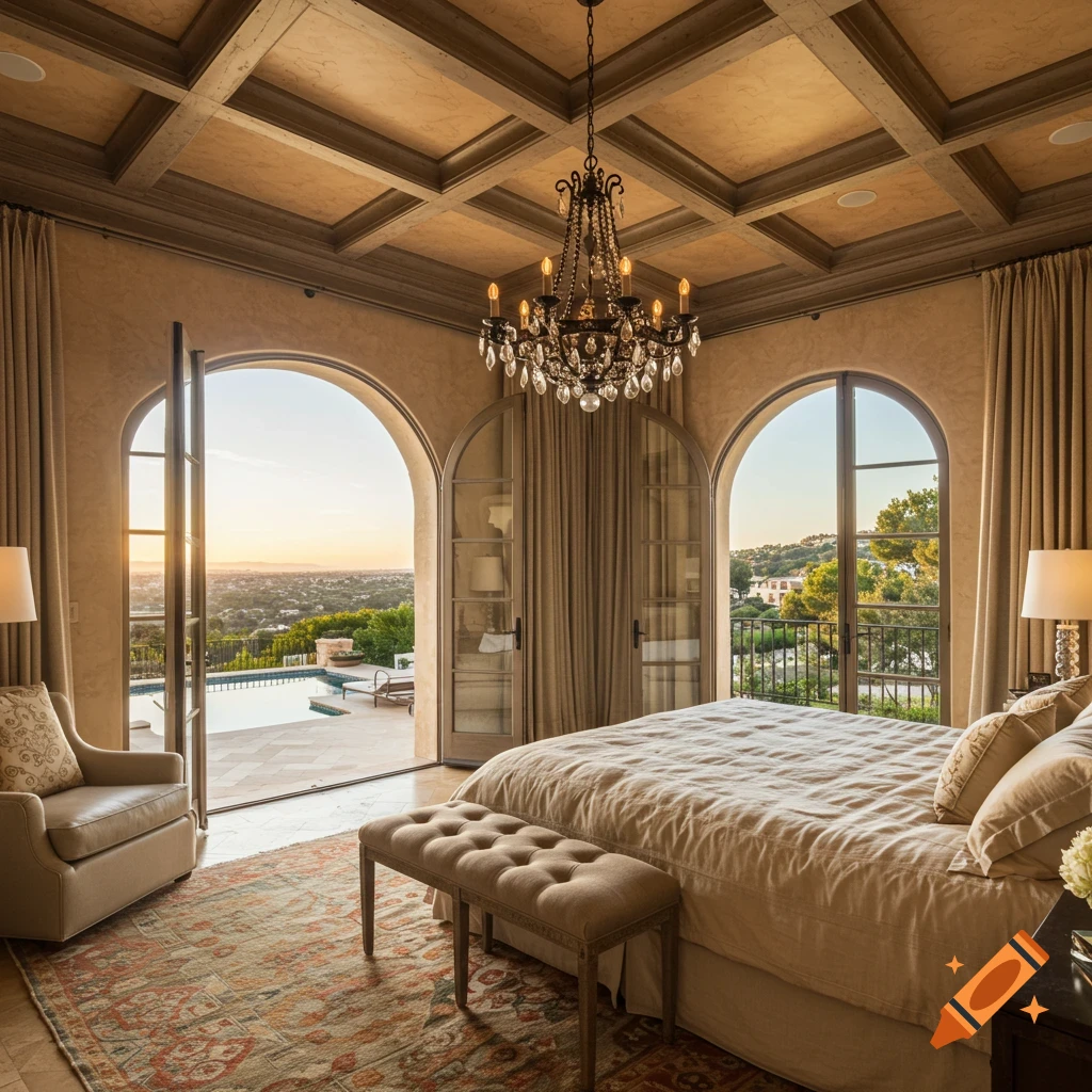 Luxury bedroom with arched doors opening to a terrace, infinity pool, and panoramic view at sunset.