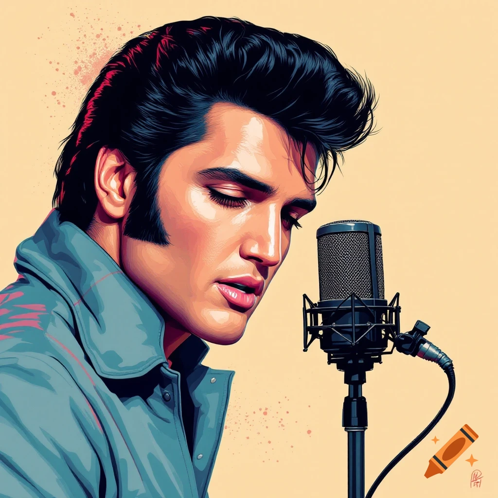 Painting of a man resembling Elvis Presley singing into a microphone.
