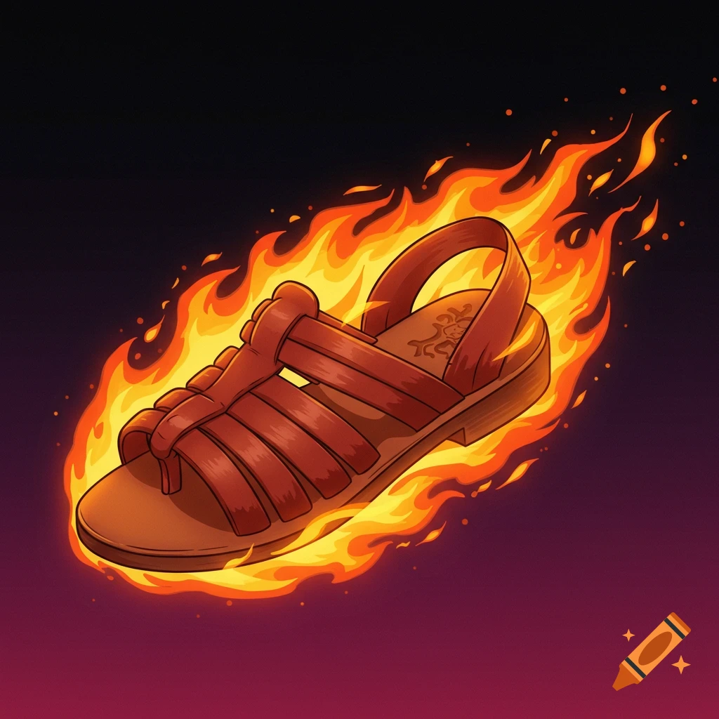 A brown sandal engulfed in flames, flying against a dark gradient background.