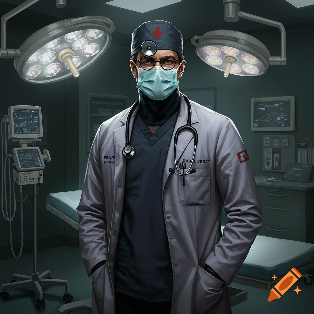 A doctor wearing a mask, glasses, and stethoscope is in an operating room.