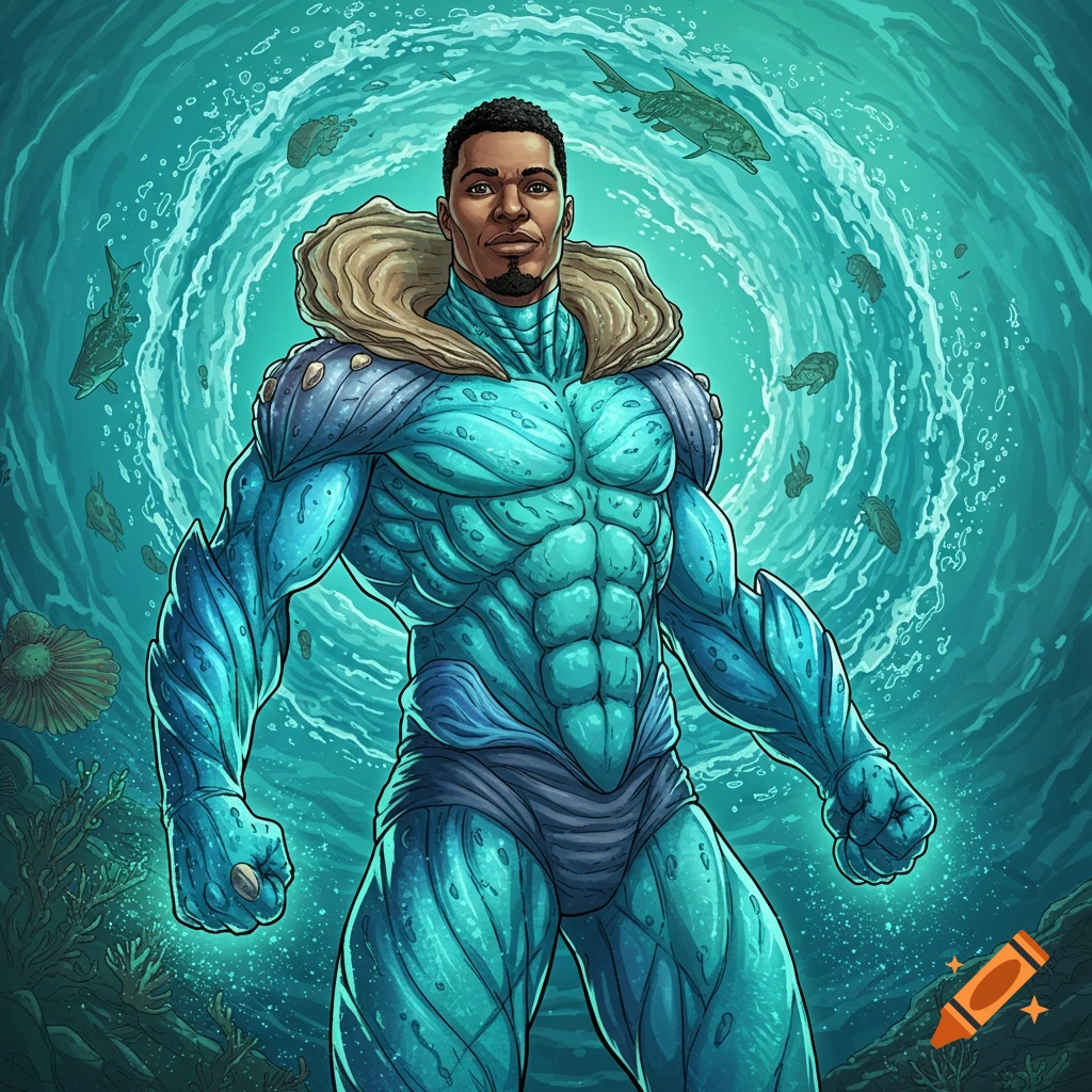 Muscular male superhero in aquatic suit underwater