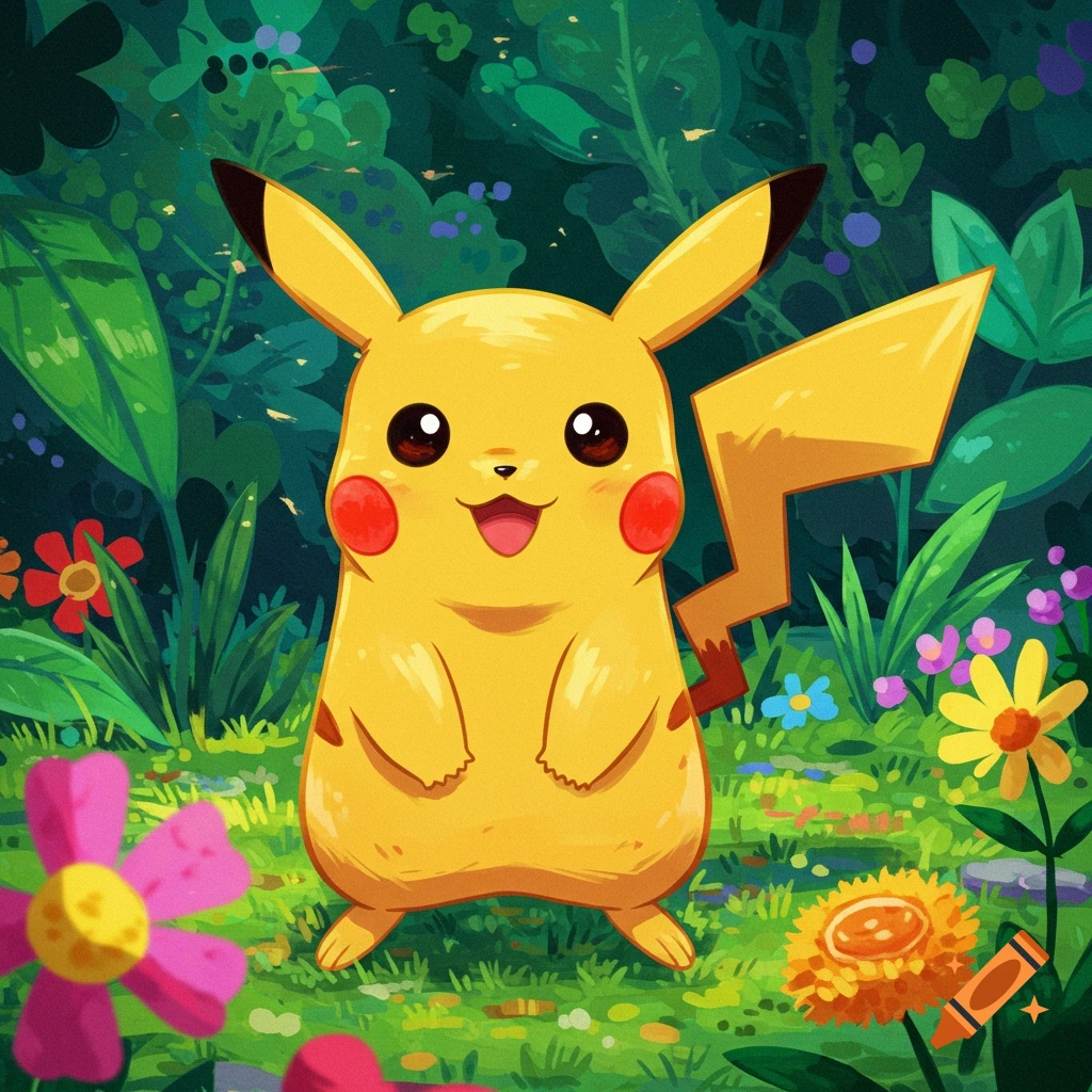 Pikachu stands in a lush forest garden.