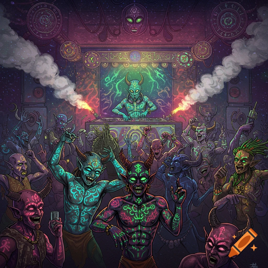 Stylized demons dancing at a vibrant space-themed party