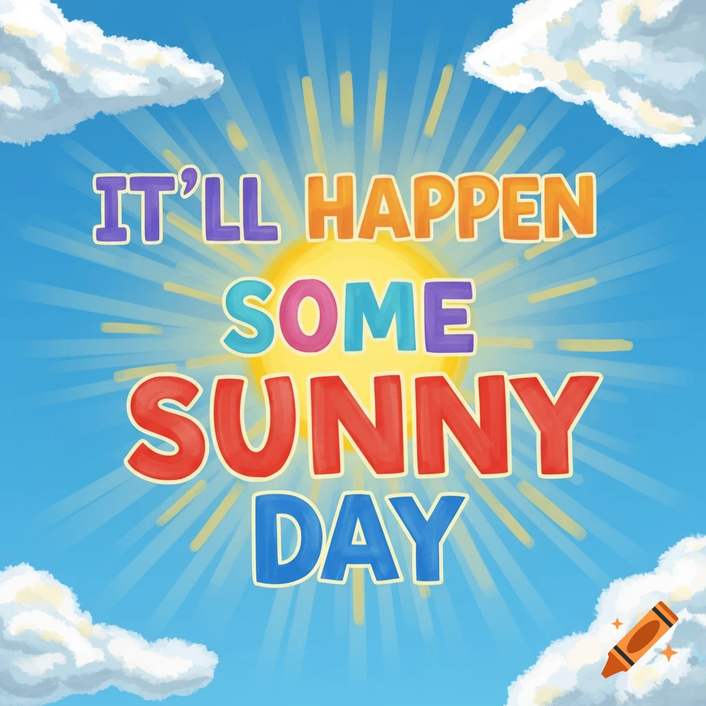 Illustration of a bright sun in a blue sky with clouds and the text 'IT'LL HAPPEN SOME SUNNY DAY'.