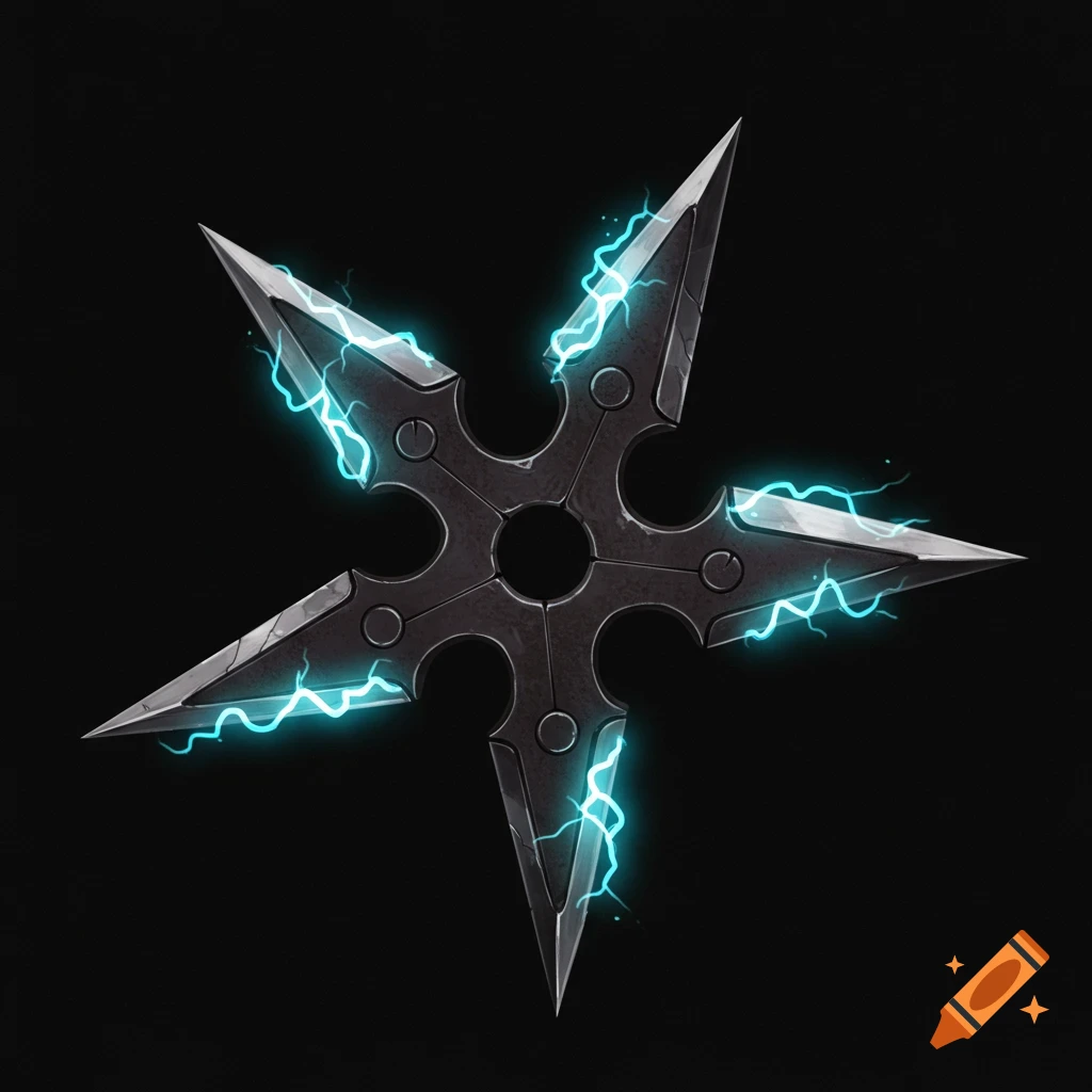 A five-pointed ninja star crackling with blue lightning against a black background.