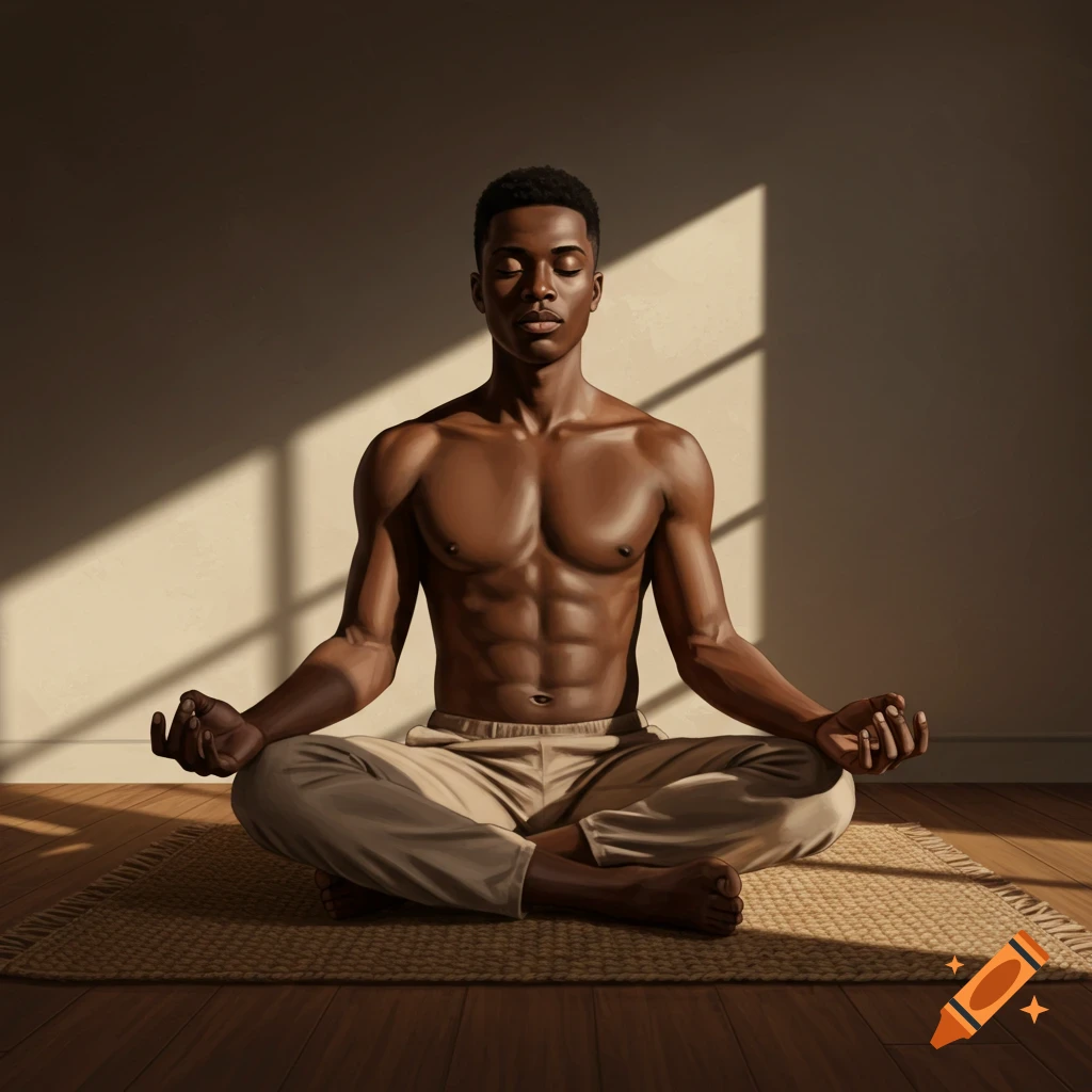 A young Black man meditating in sunlight.