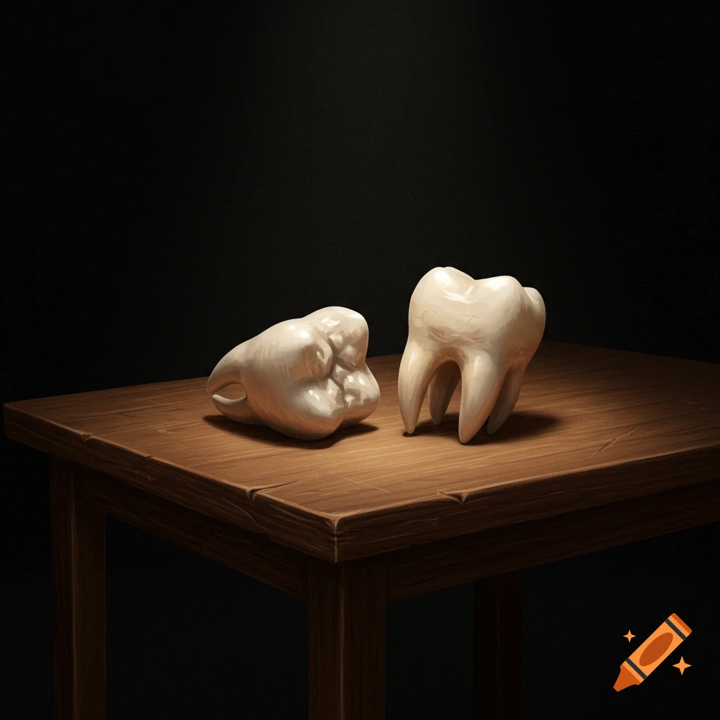 two teeth on a wooden table