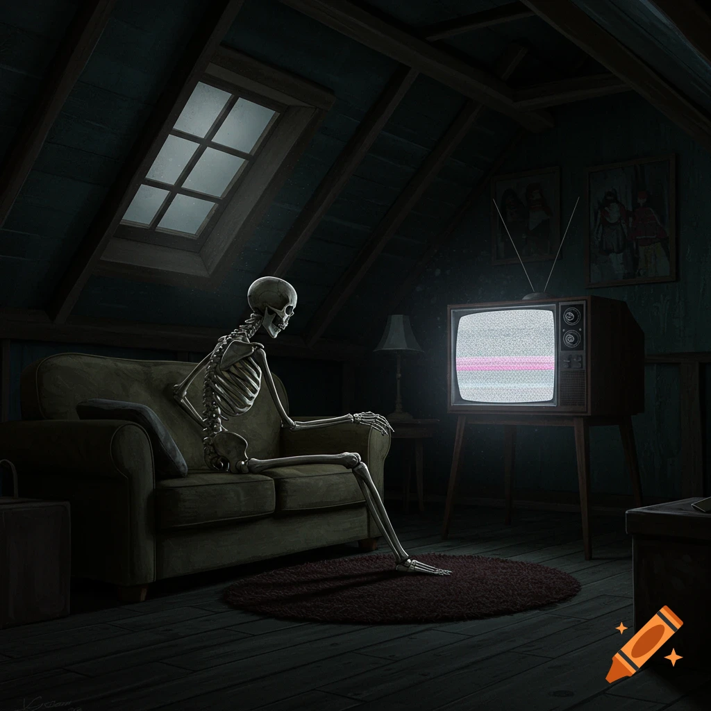 A skeleton sits on a couch watching a static-filled TV in a dark attic.