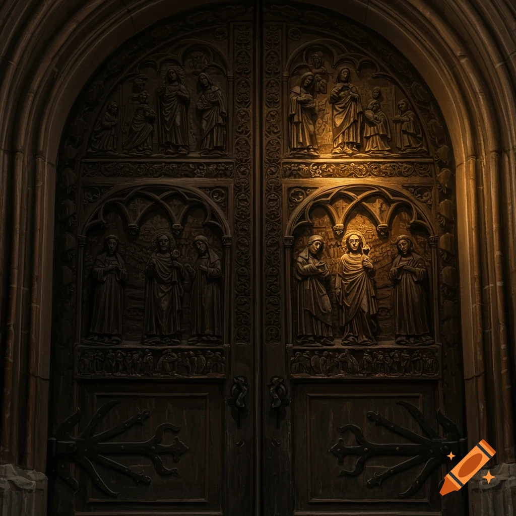 A dark, carved church door with religious figures.