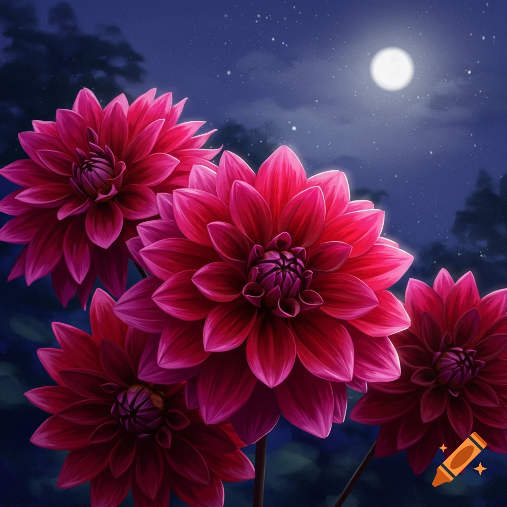 A close up of vibrant pink dahlia flowers under a bright full moon in a dark night sky