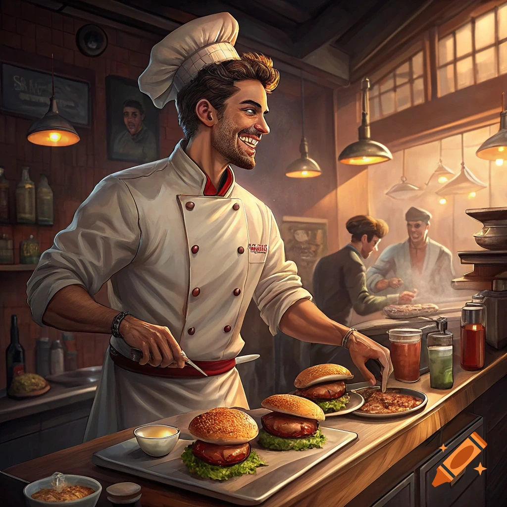Illustrated chef in a bustling kitchen prepares burgers.