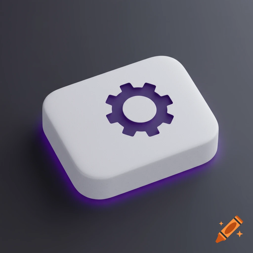 A white settings button with a purple gear icon.