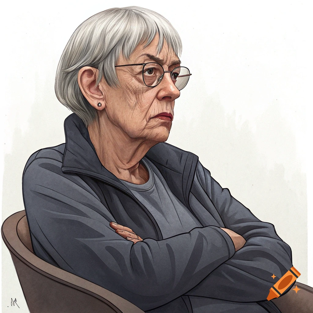 Stylized portrait illustration of an older woman with grey hair and glasses, arms crossed, looking stern.