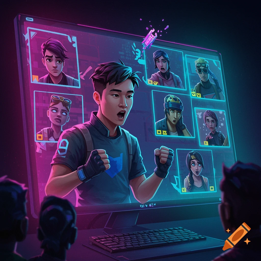 A gamer celebrates a victory on a screen, surrounded by other avatars, in a neon cyberpunk style.