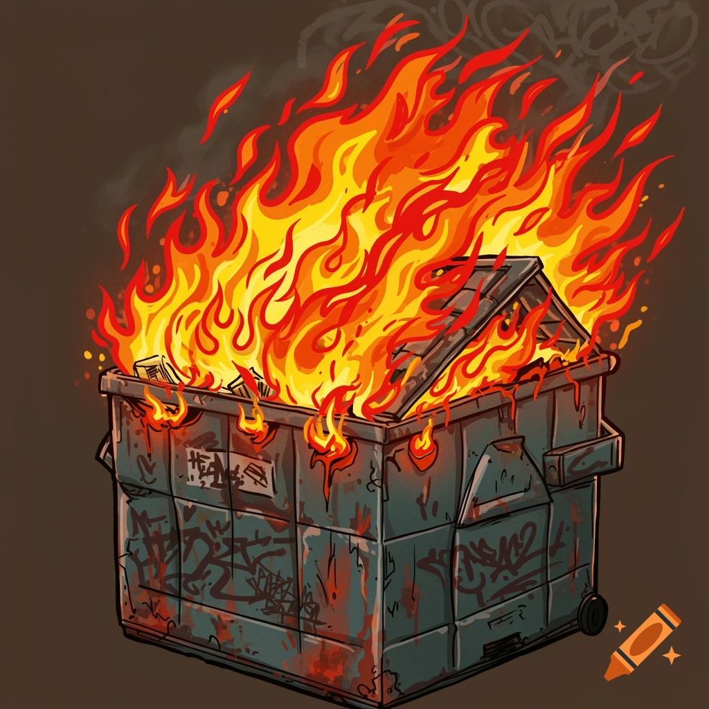 A tattoo-style illustration of a dumpster engulfed in red and orange flames.