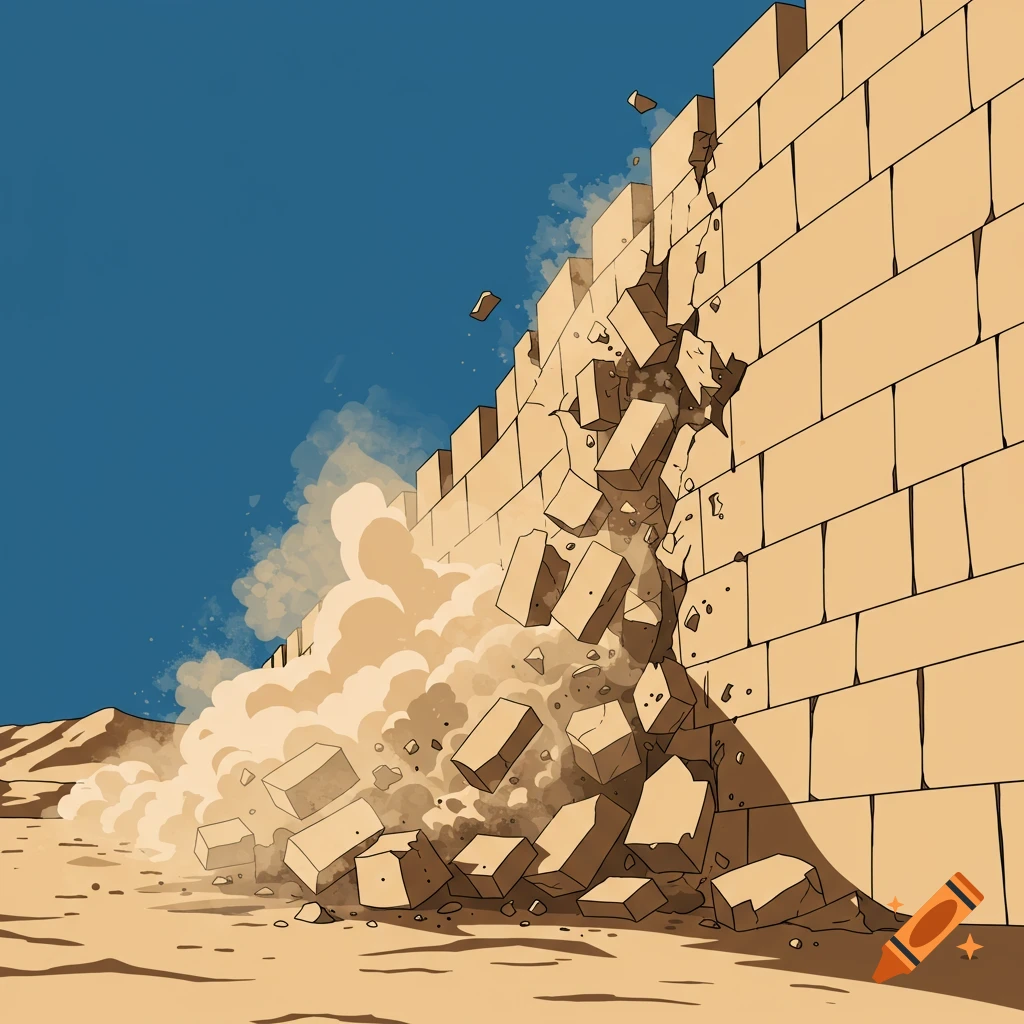 Vector graphic illustration of a brick wall crumbling and falling.