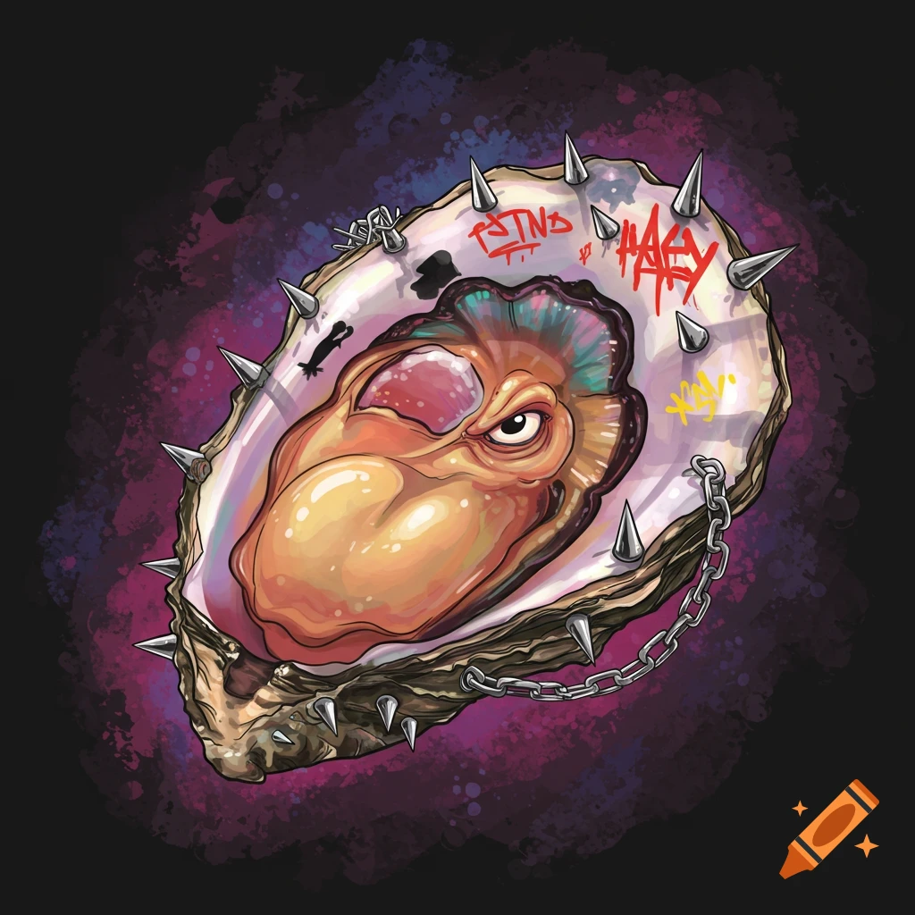 Image of a spiky oyster creature with a fierce face, covered in graffiti and wearing a chain.