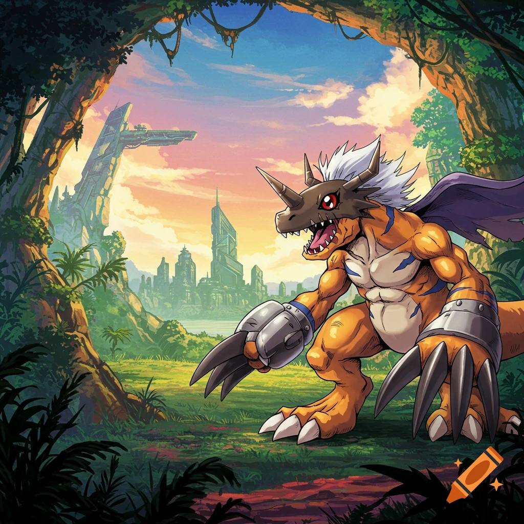 A Digimon character crouching in jungle ruins with a futuristic city in the background at sunset.
