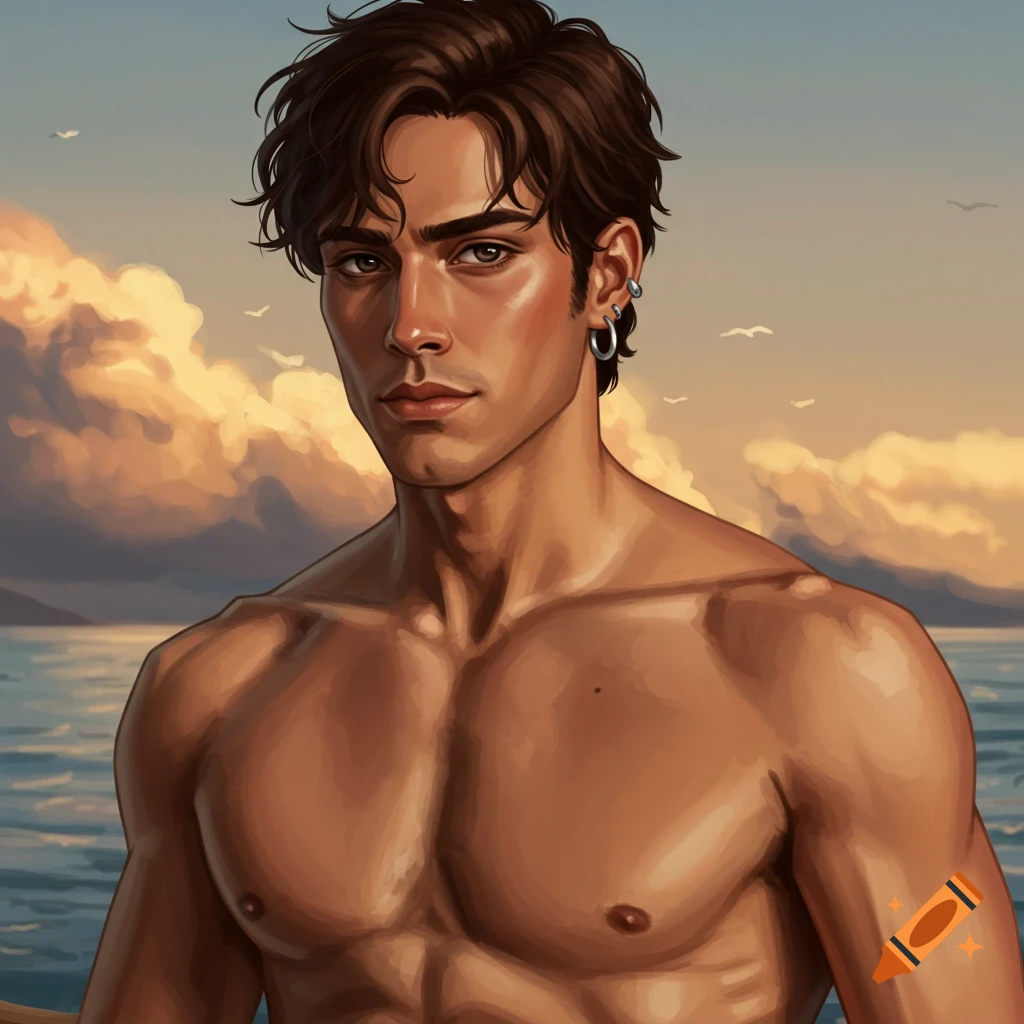A muscular man with dark hair and an earring stands by the ocean at sunset.